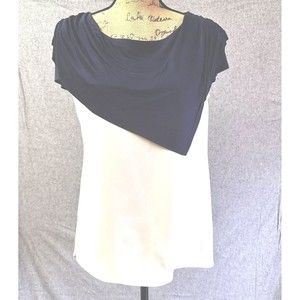 YEOHLEE Women’s Blouse SZ 8 White With Navy Asymmetrical Overlay Collar Back Zip